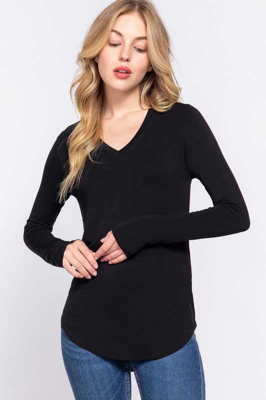 Long Sleeve V-neck Jersey Top - Black