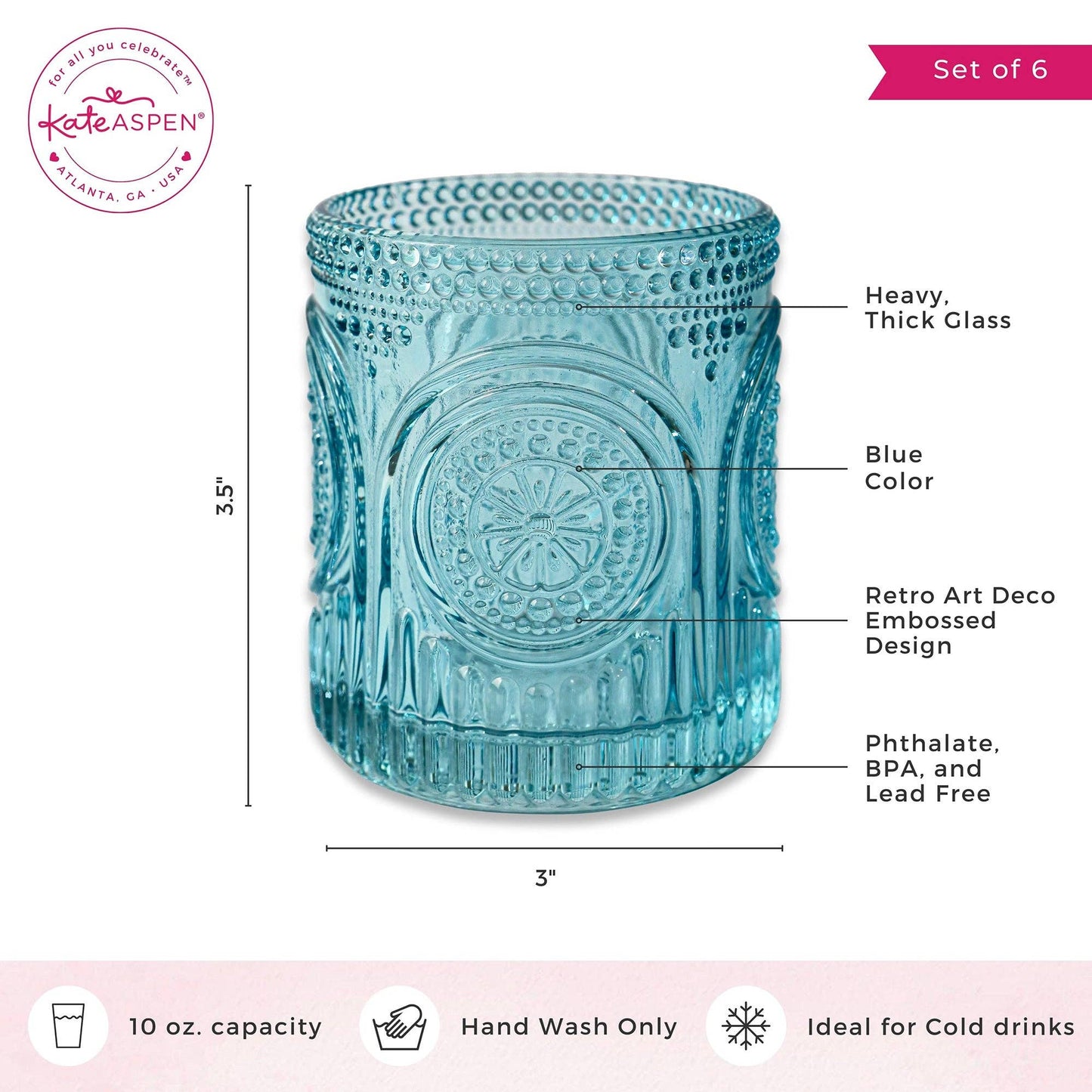 10 oz. Ribbed Retro Arch Floral Aqua Blue Drinking Glasses