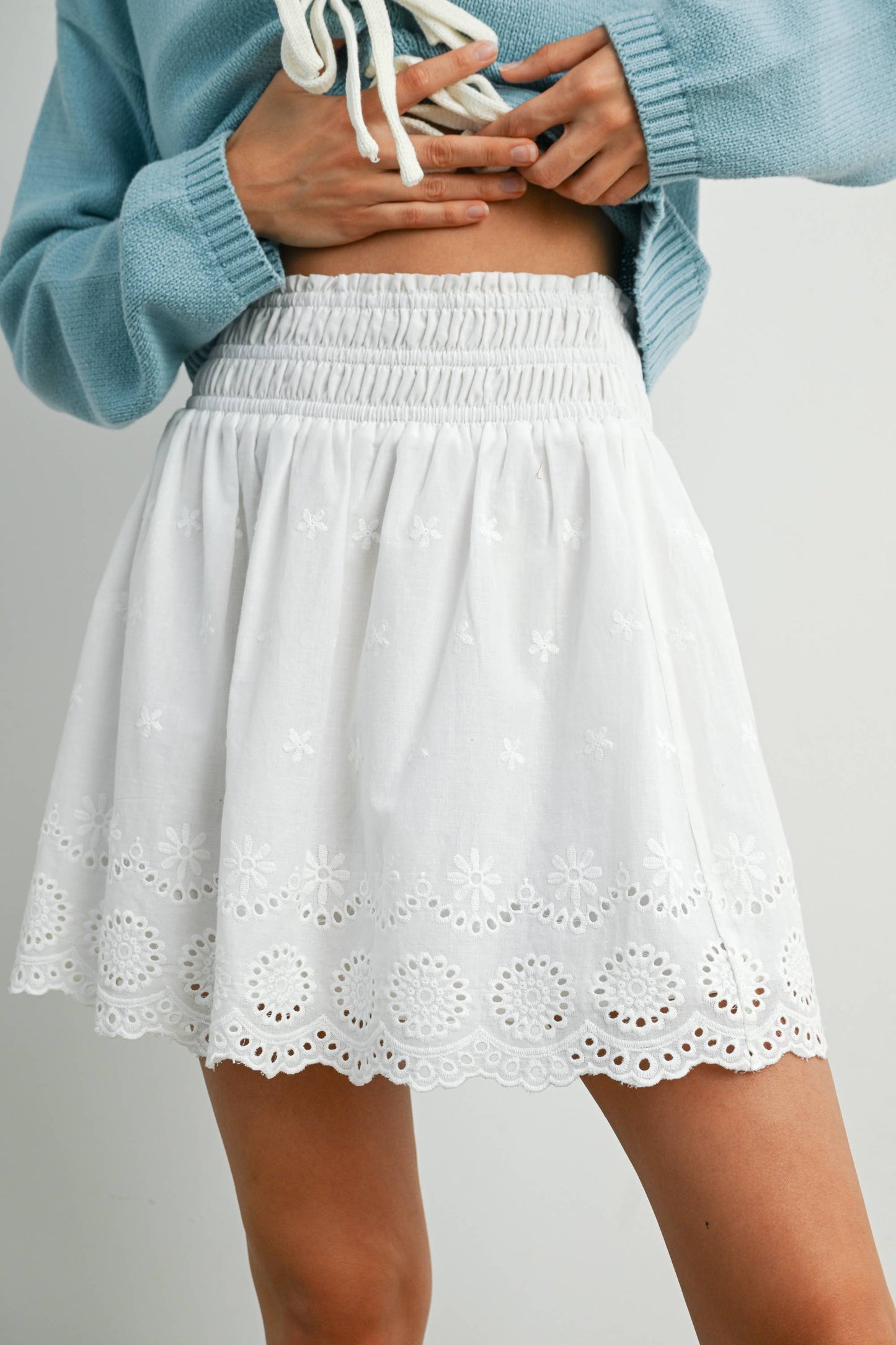 Eyelet Ruffle Smocked Skirt
