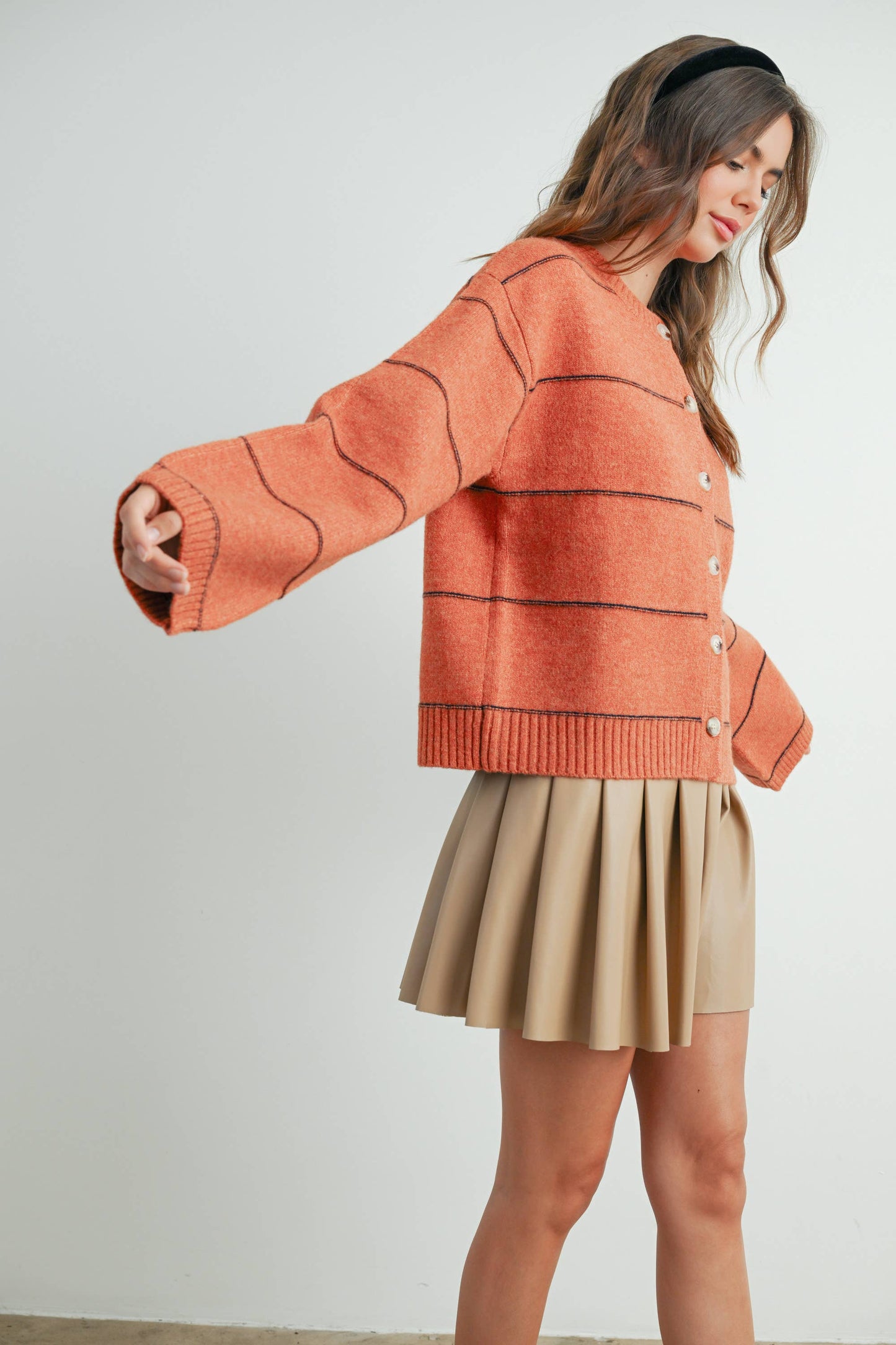 Button Front Striped Cardigan - Rust