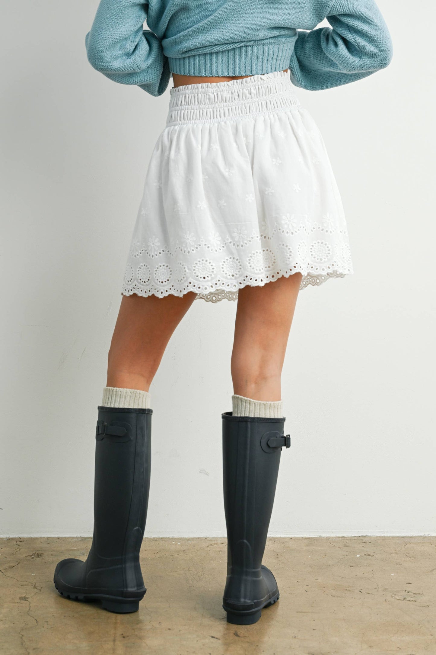 Eyelet Ruffle Smocked Skirt