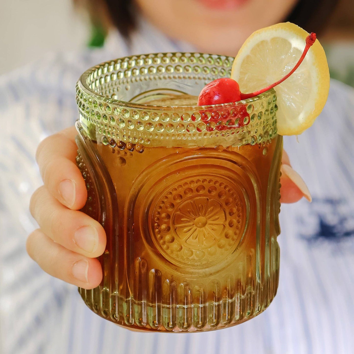 10 oz. Ribbed Retro Arch Floral Green Drinking Glasses