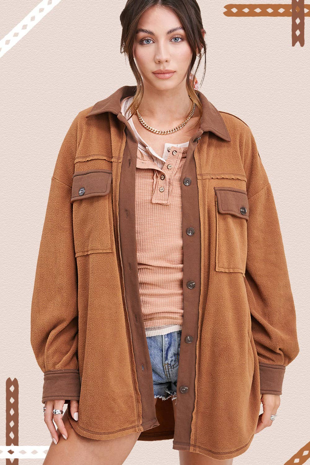 Long Sleeve Fleece Shacket - Camel
