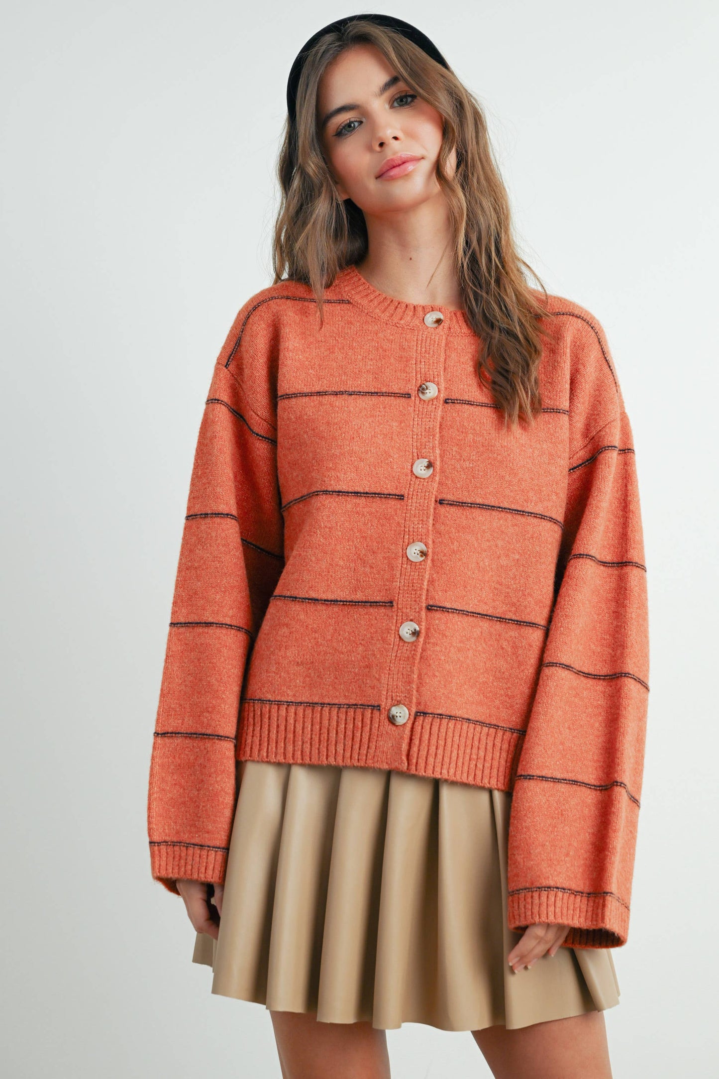 Button Front Striped Cardigan - Rust