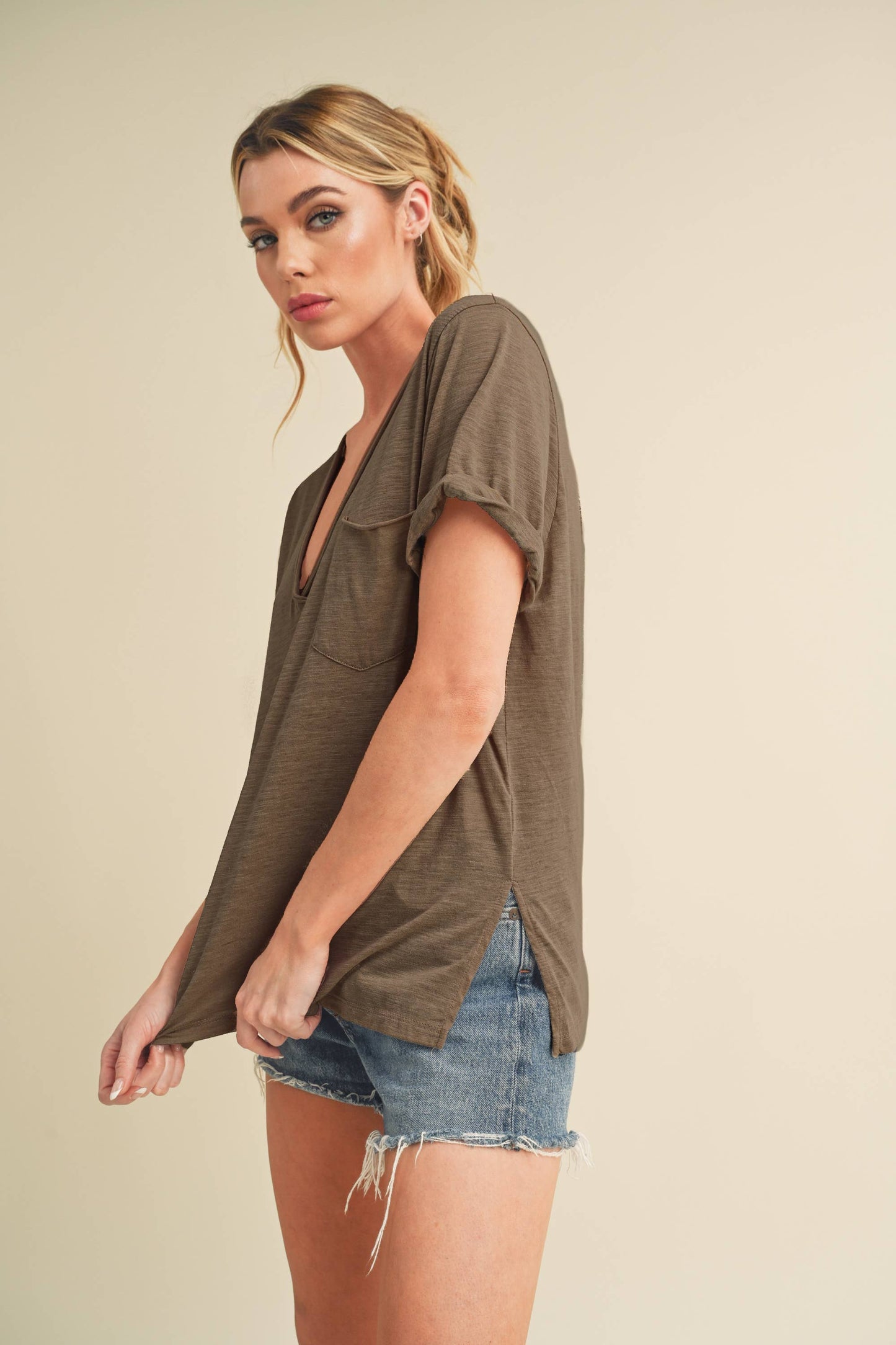 V-Neck Short Sleeve Top -Chocolate
