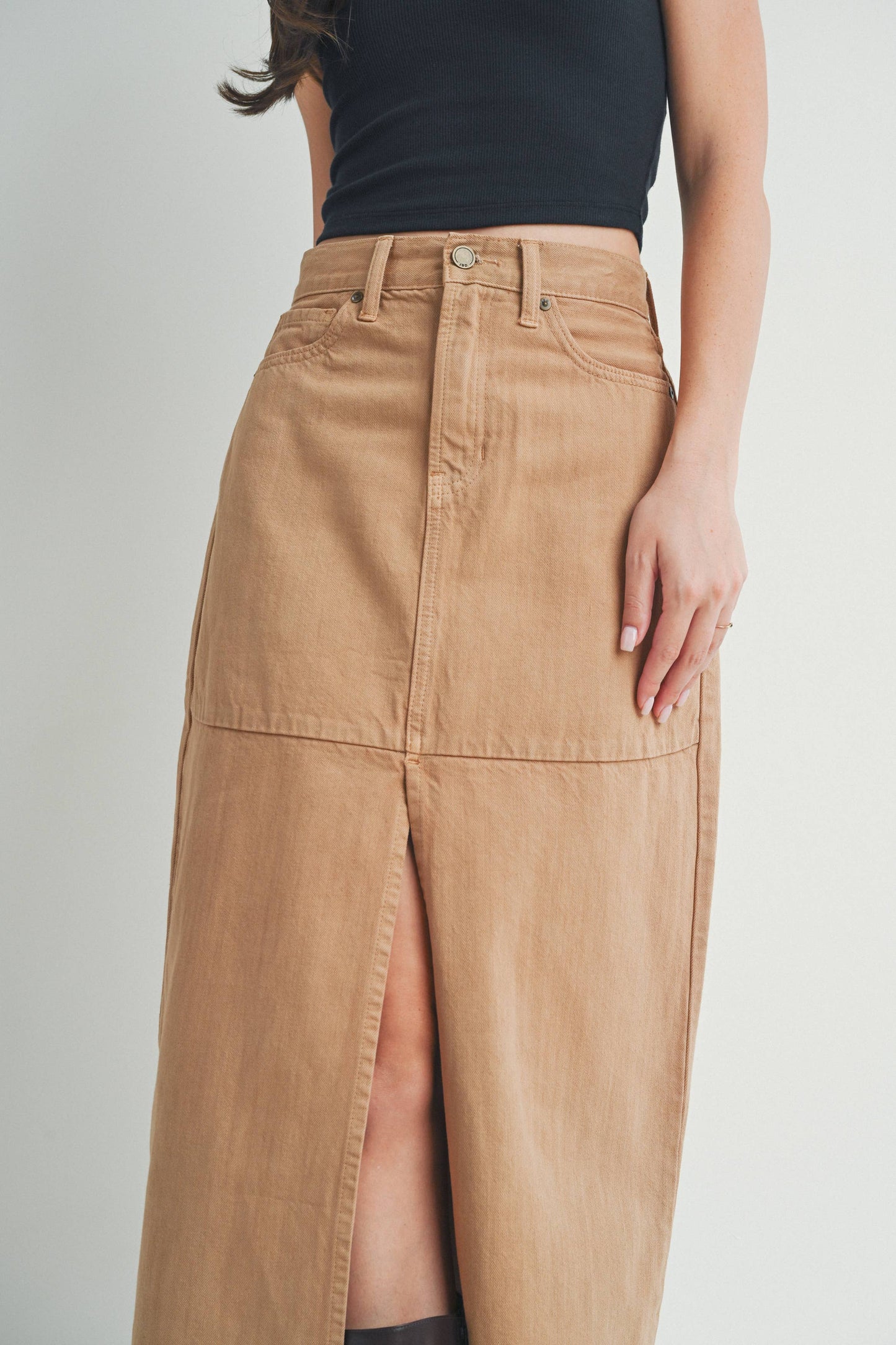 Maxi Denim Skirt w/Open Slit -Khaki
