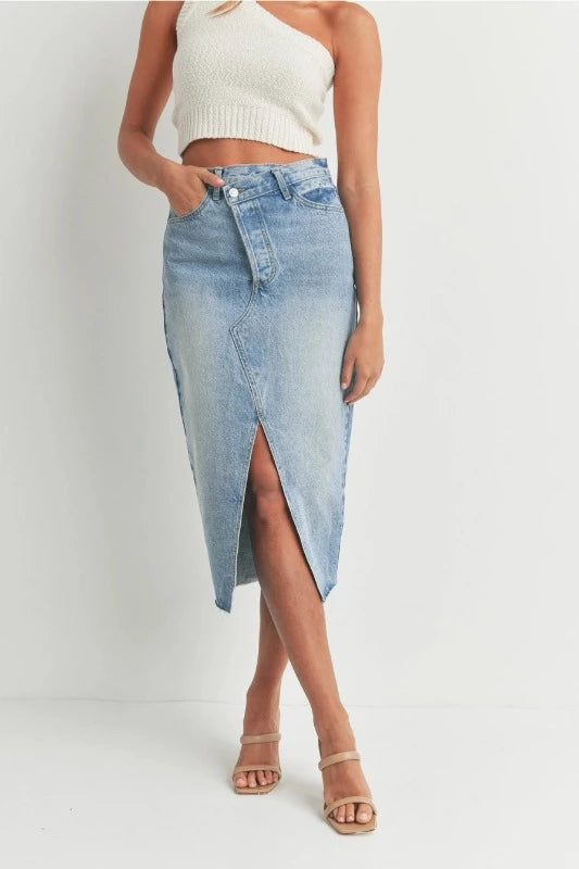 Criss Cross Open Slit Midi Jean Skirt