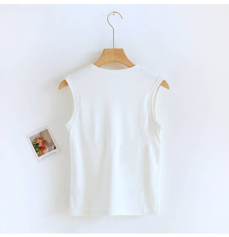 Cotton Blend Built-In Bra Tank Top - White
