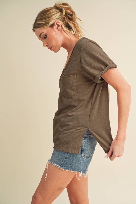 V-Neck Short Sleeve Top -Chocolate