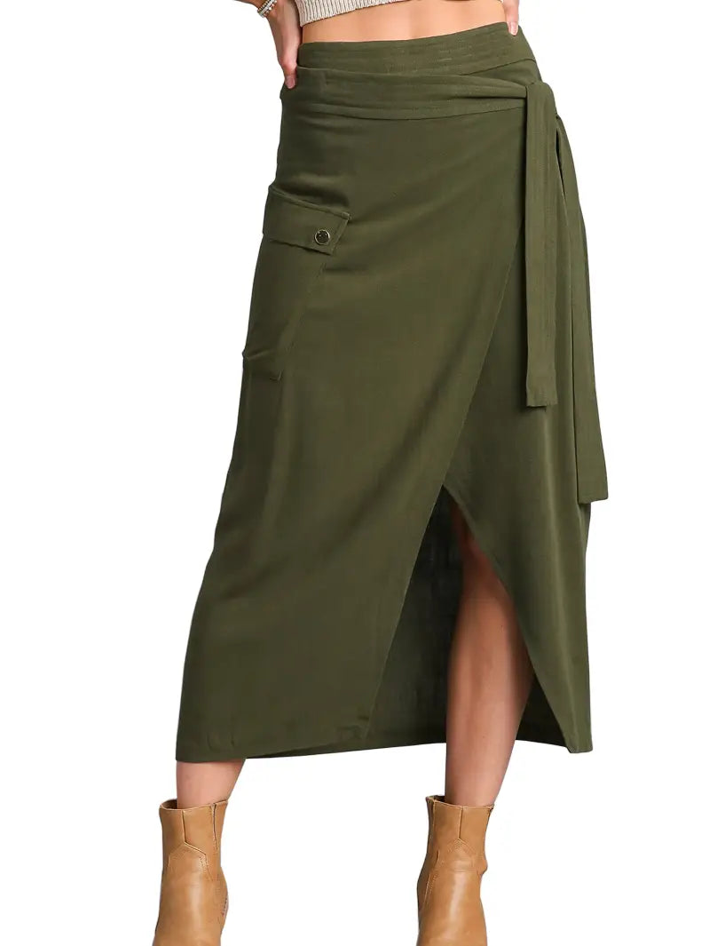 Linen Blend Cargo Wrap Skirt - Olive