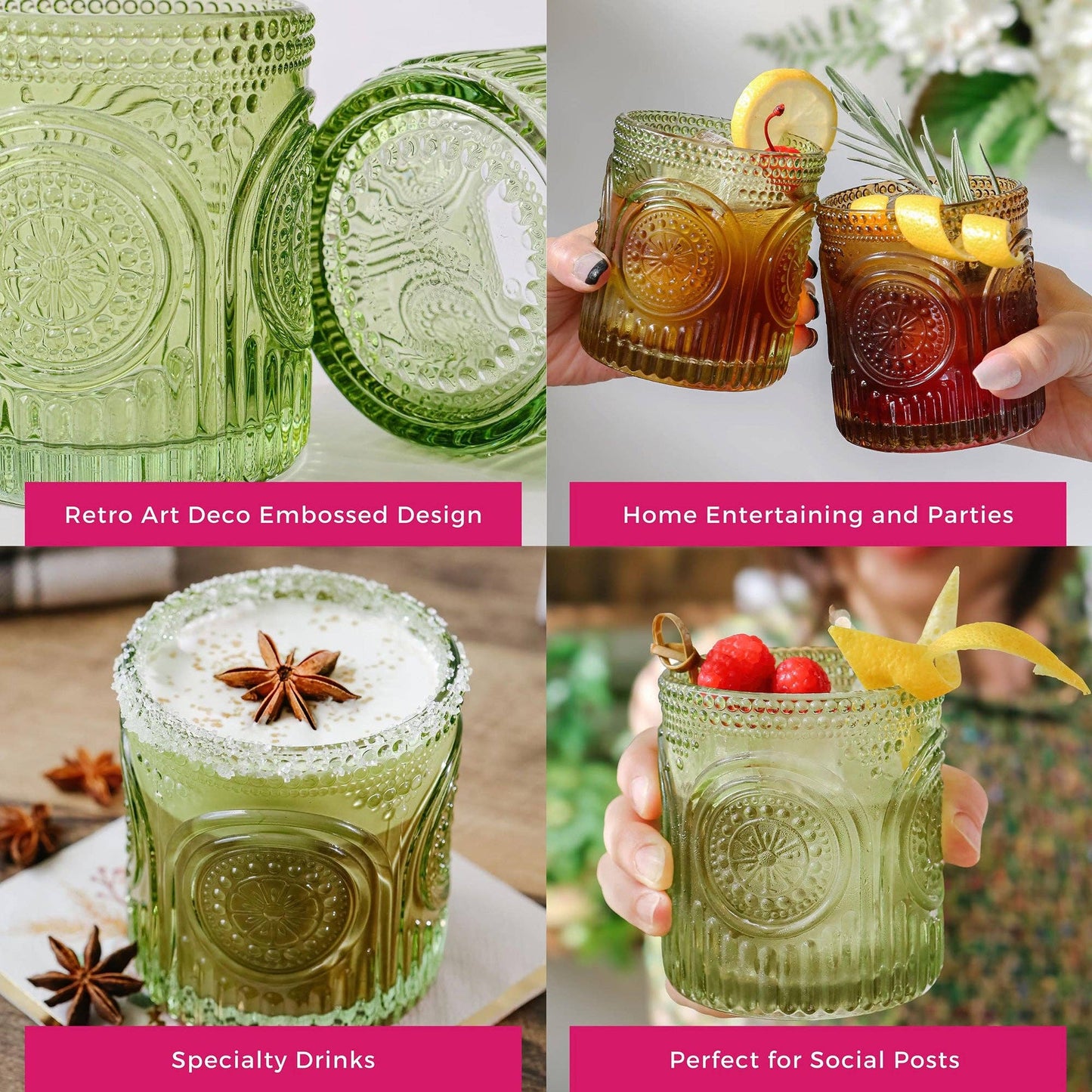 10 oz. Ribbed Retro Arch Floral Green Drinking Glasses