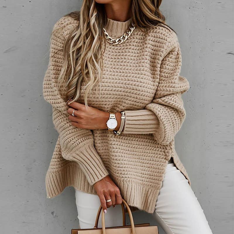 Chunky knit sweater with side split - Beige