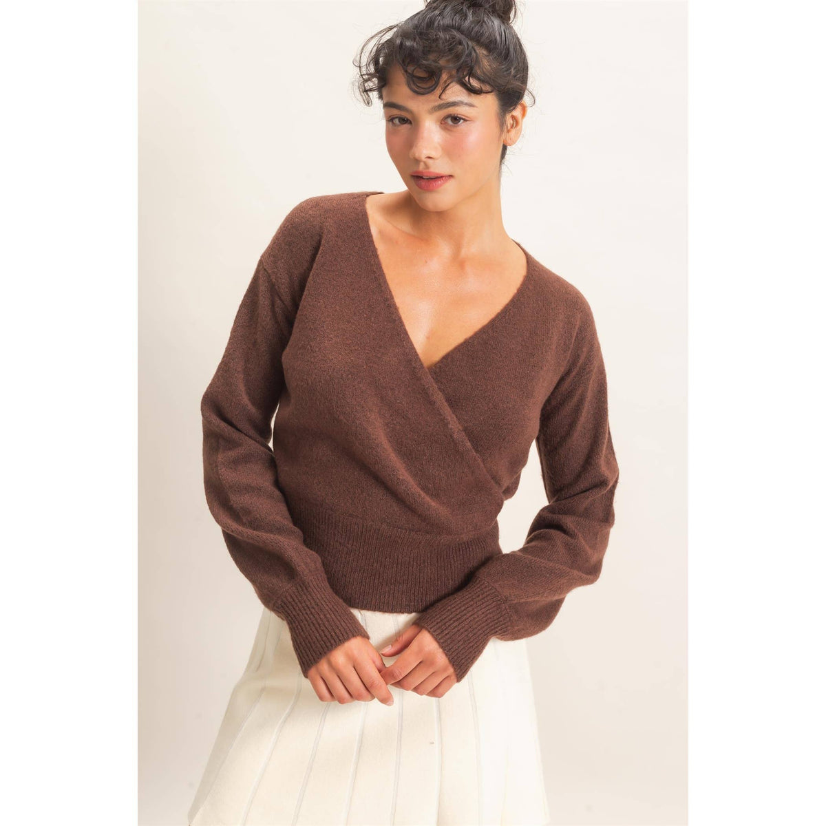 Wrap V Neck Sweater - brown