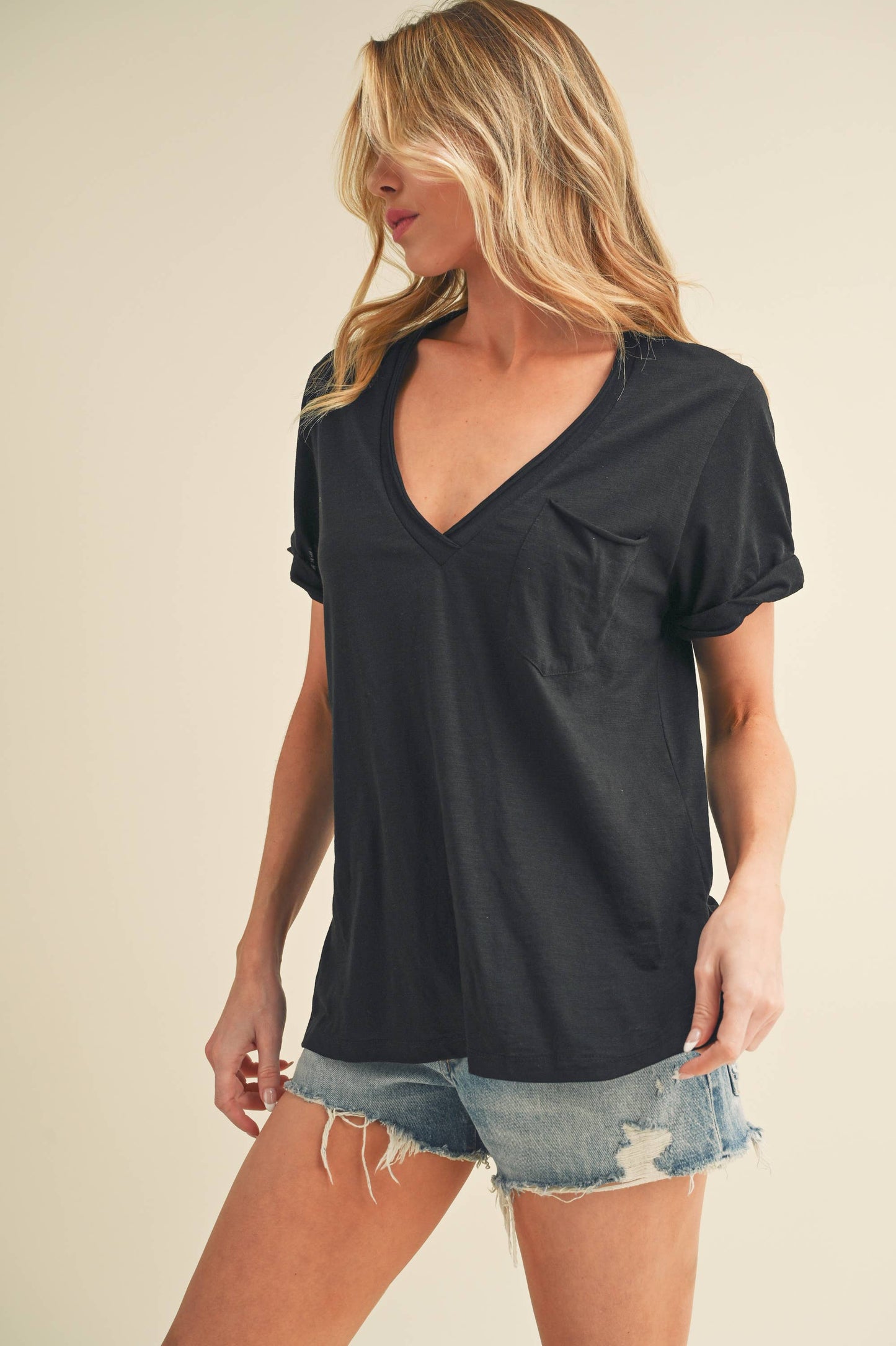 V-Neck Short Sleeve Top - Navy