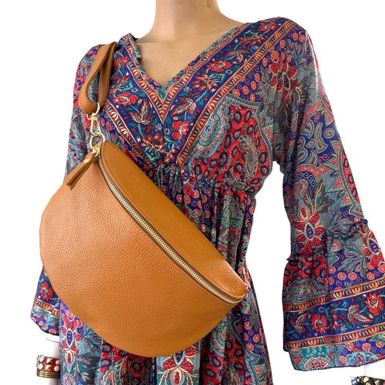 Large Italian Leather Crossbody - Camel