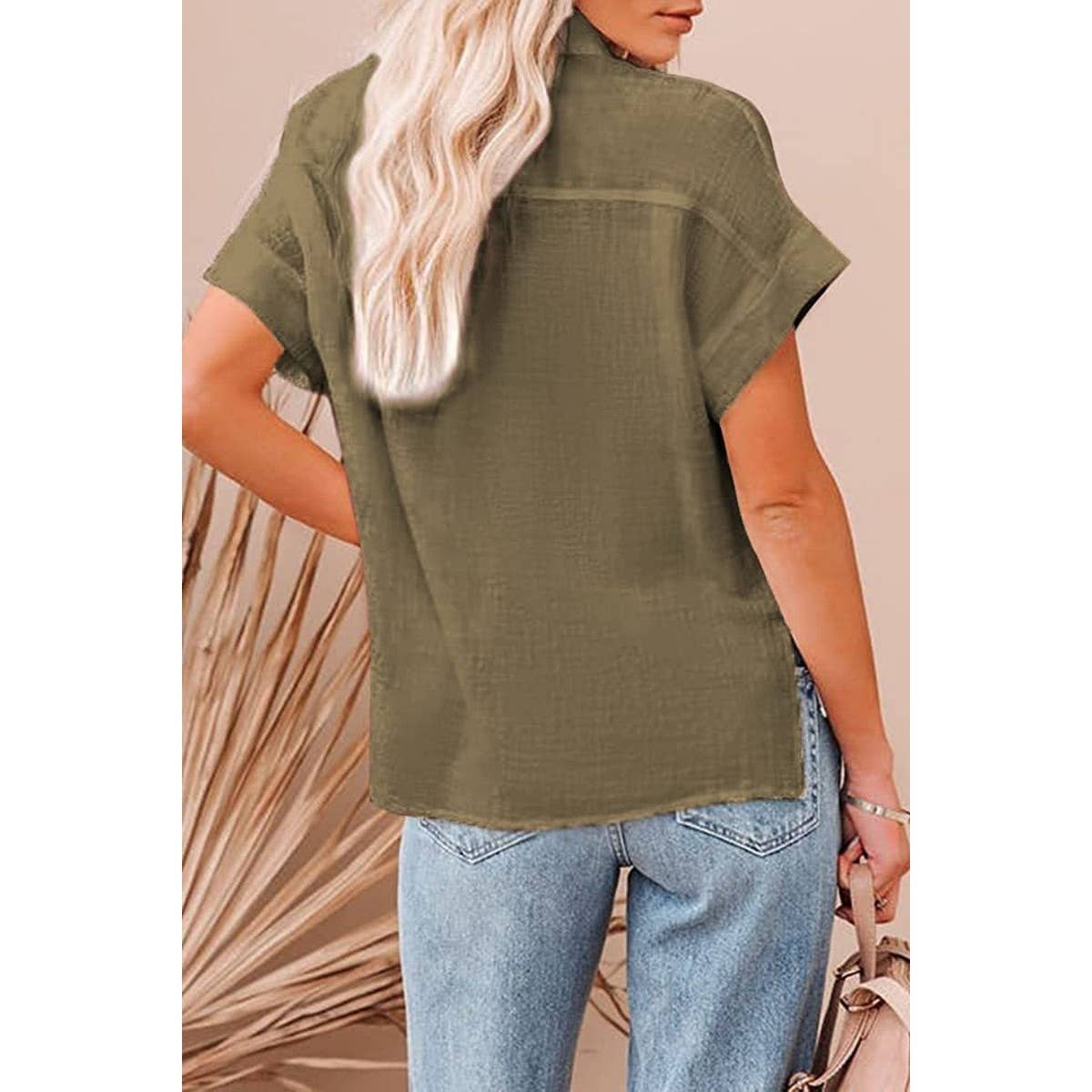 Women's Short Sleeve Button Down - Army Green
