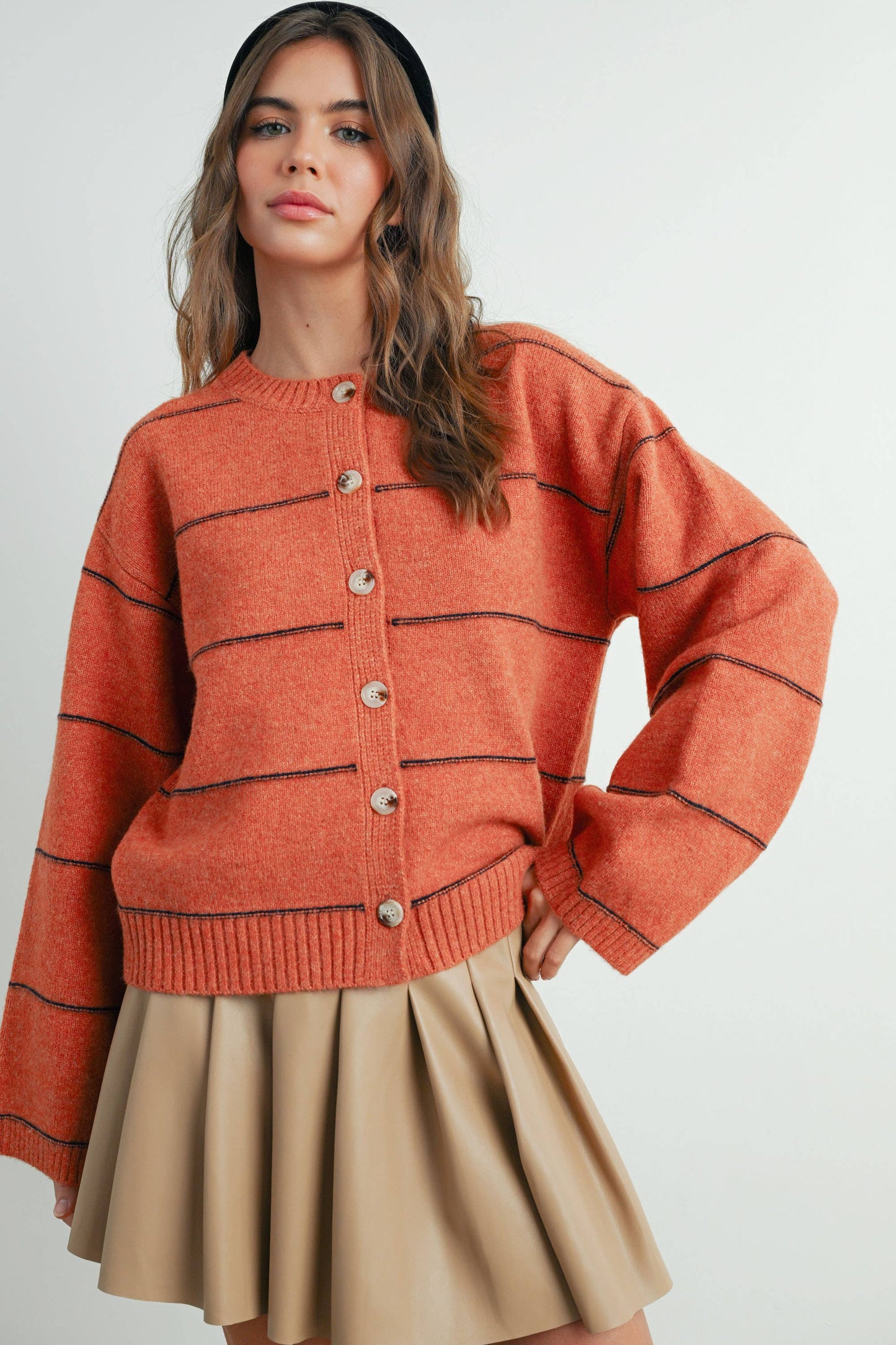 Button Front Striped Cardigan - Rust