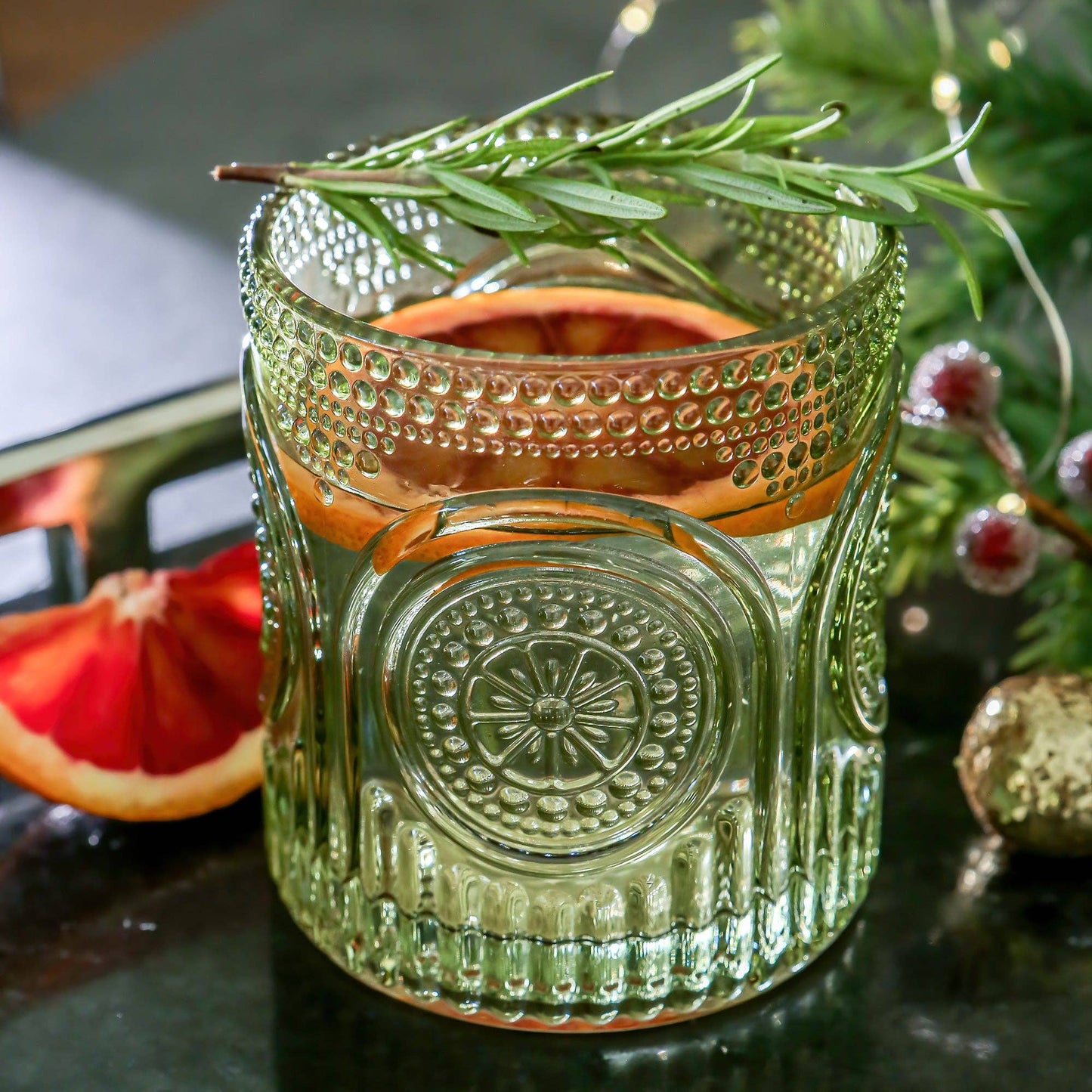 10 oz. Ribbed Retro Arch Floral Green Drinking Glasses