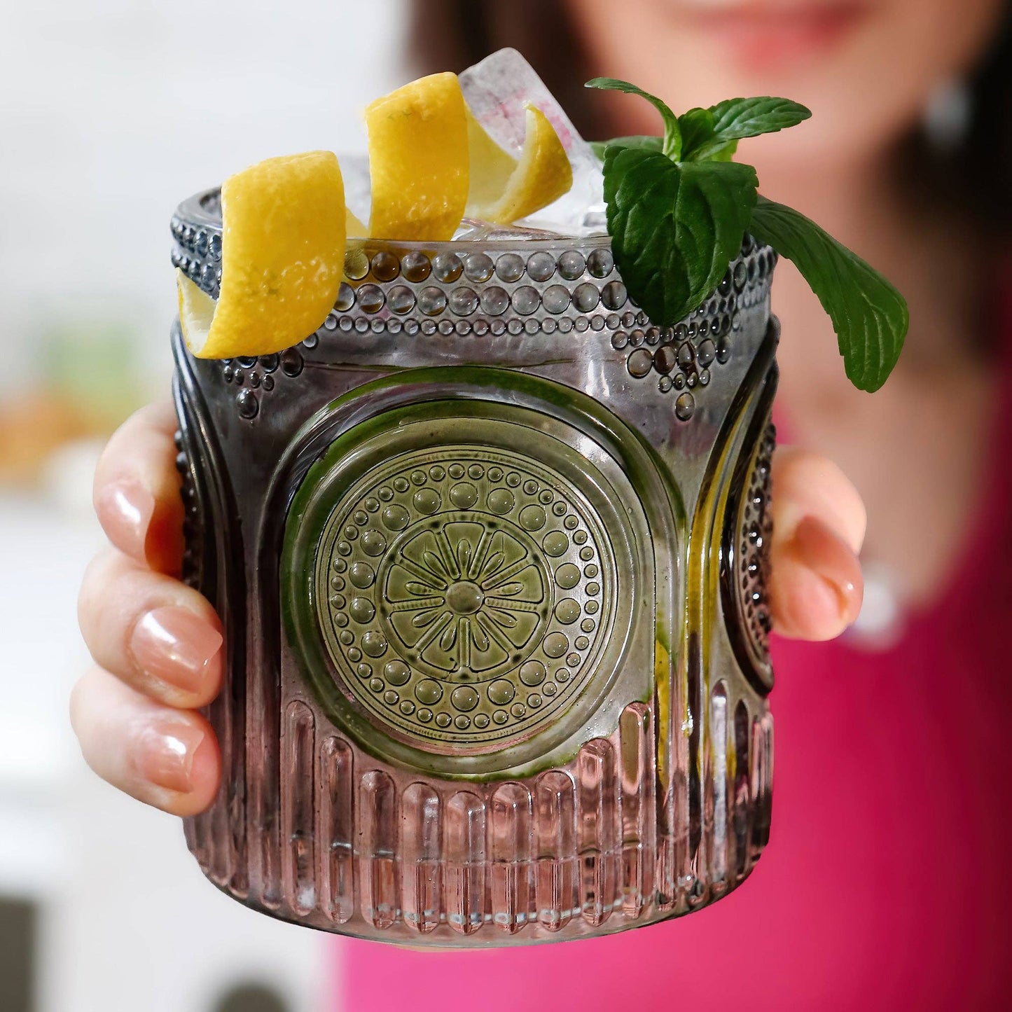 10 oz. Ribbed Retro Arch Floral Smoke Grey Drinking Glasses