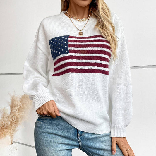 Loose Crew Neck Sweater - American Flag on White