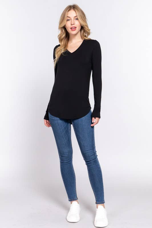 Long Sleeve V-neck Jersey Top - Black