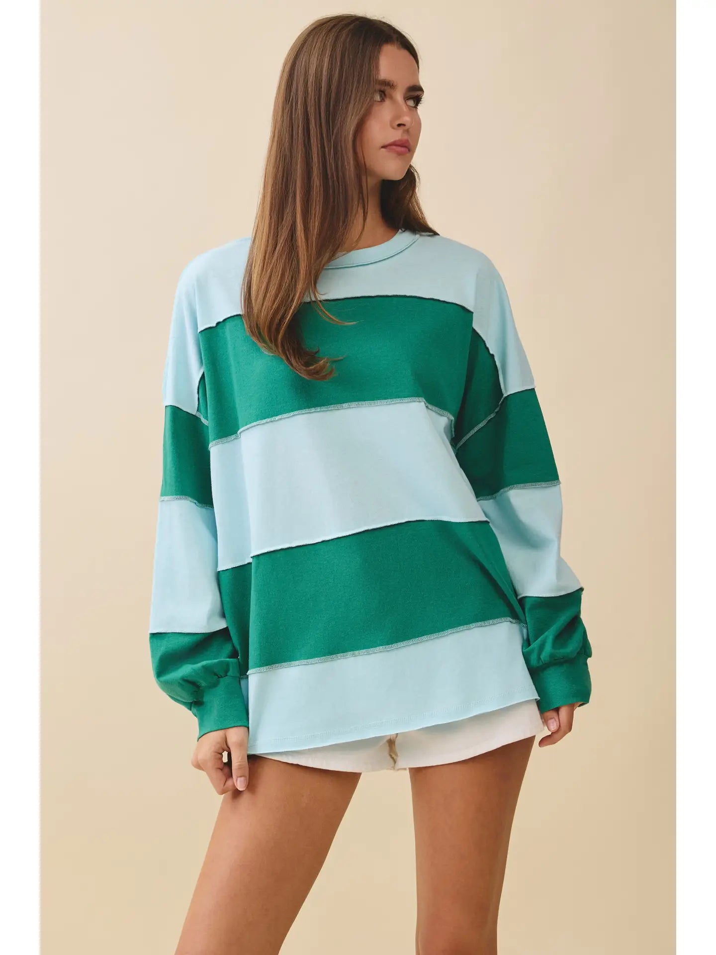 Rugby Long Sleeve Slouchy Top - Sky/Green
