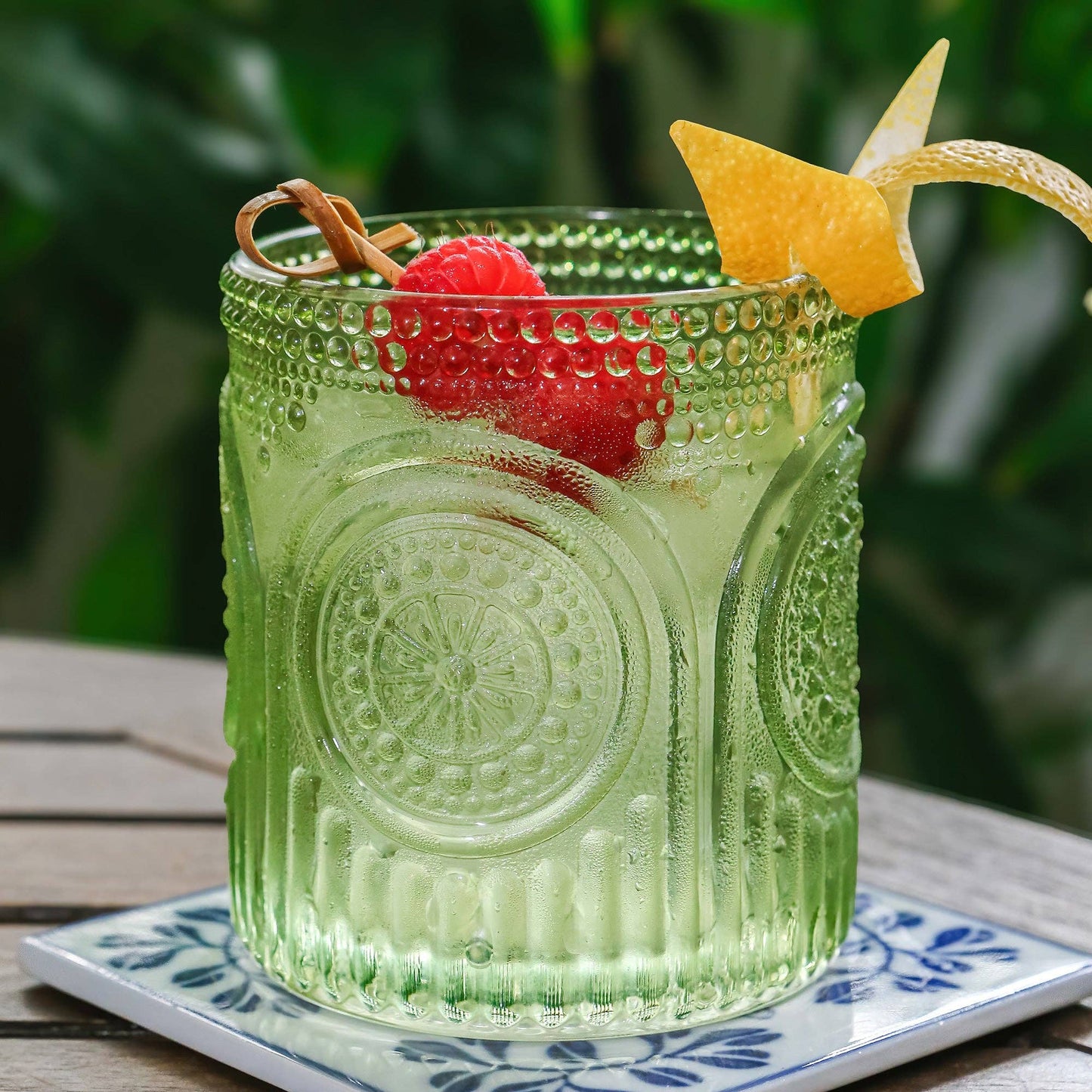 10 oz. Ribbed Retro Arch Floral Green Drinking Glasses