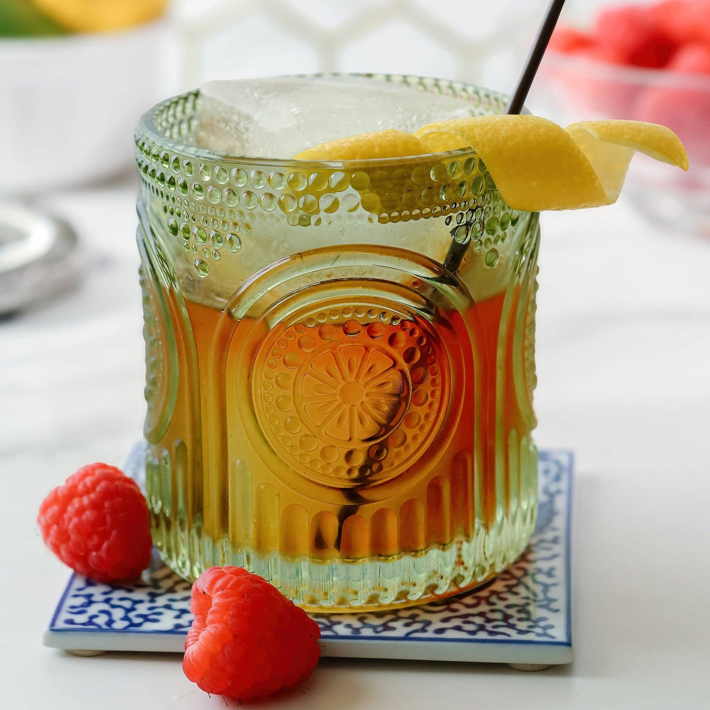 10 oz. Ribbed Retro Arch Floral Green Drinking Glasses