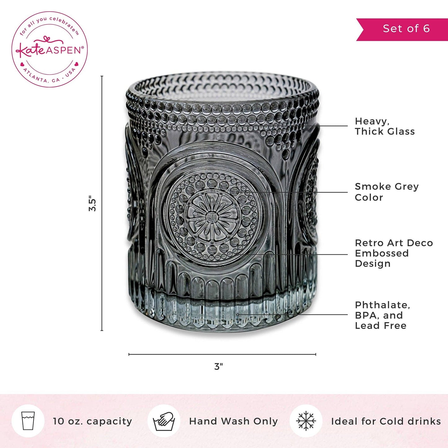 10 oz. Ribbed Retro Arch Floral Smoke Grey Drinking Glasses