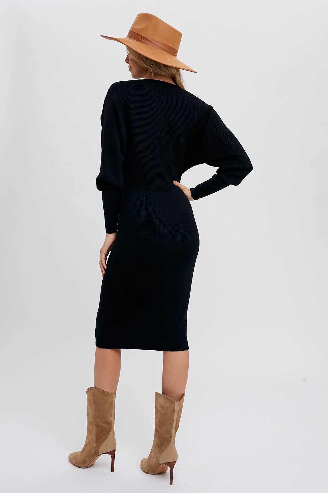 Faux Wrap Sweater Midi Dress - Black