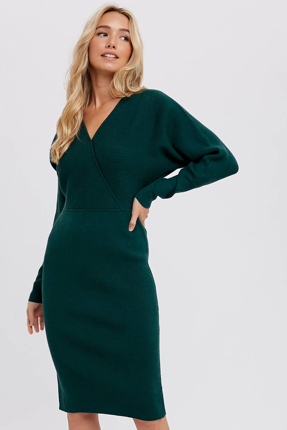 Faux Wrap Sweater Midi Dress - Black