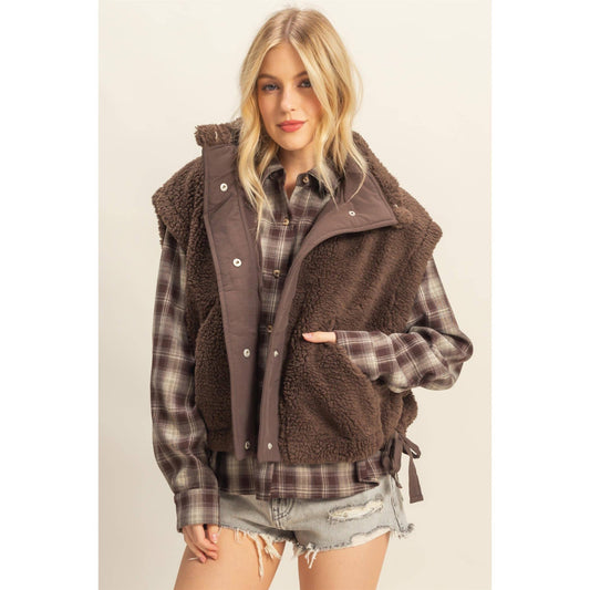 Cozy Sherpa Vest Jacket with Tie-Up Side Details - Brown