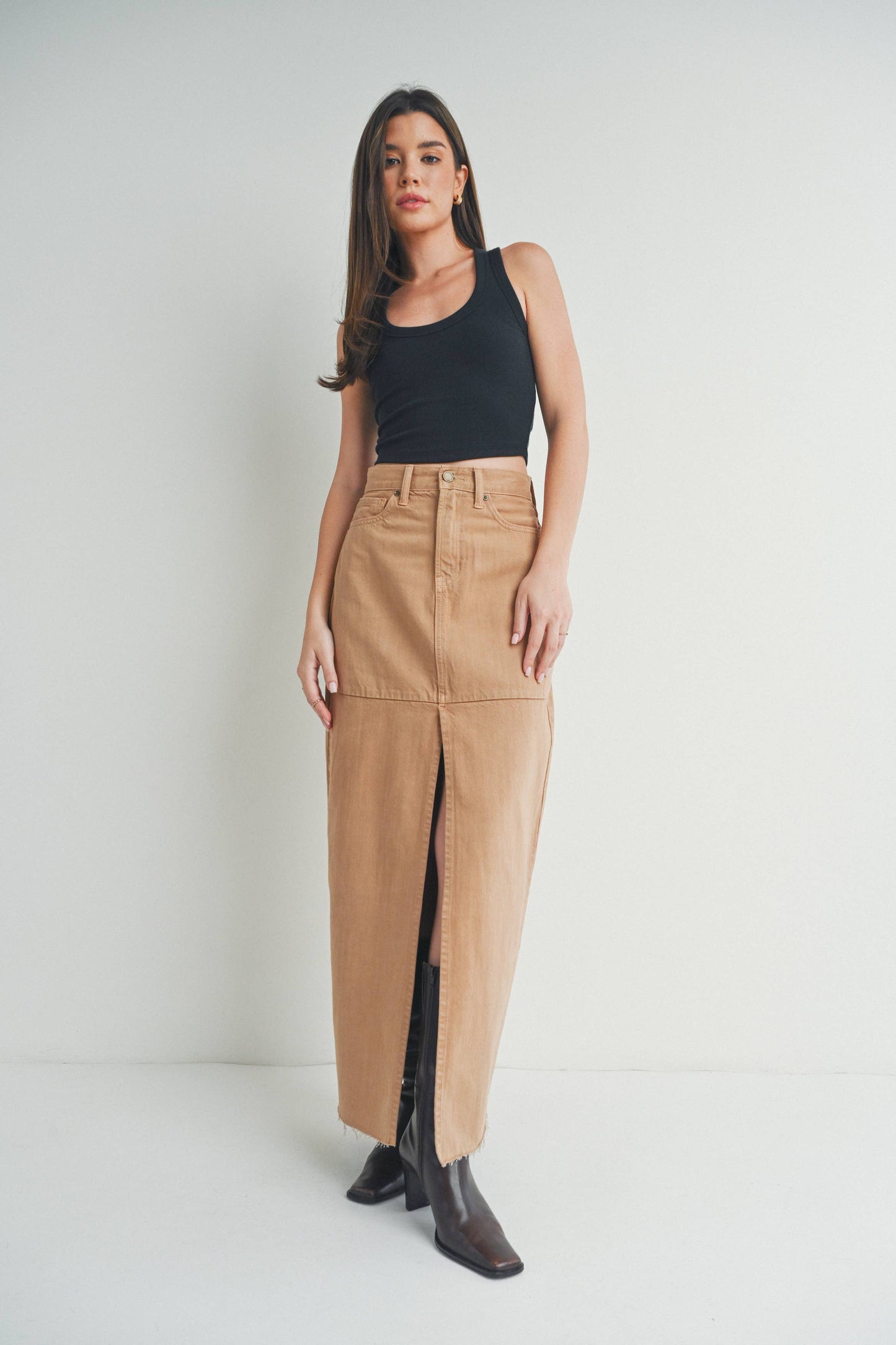 Maxi Denim Skirt w/Open Slit -Khaki