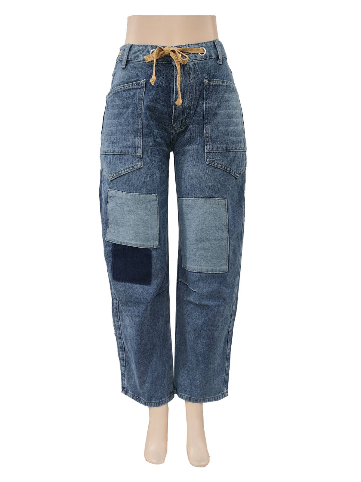 Barrel jean with patches