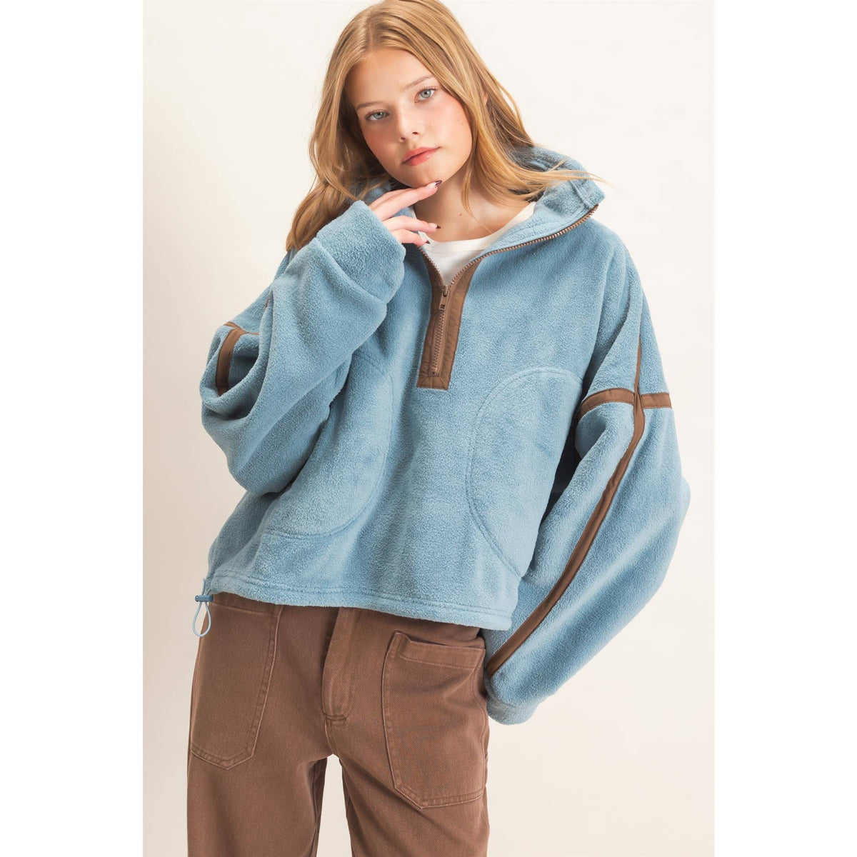 Contrast Trim Half-Zip Fleece Pullover -Blue