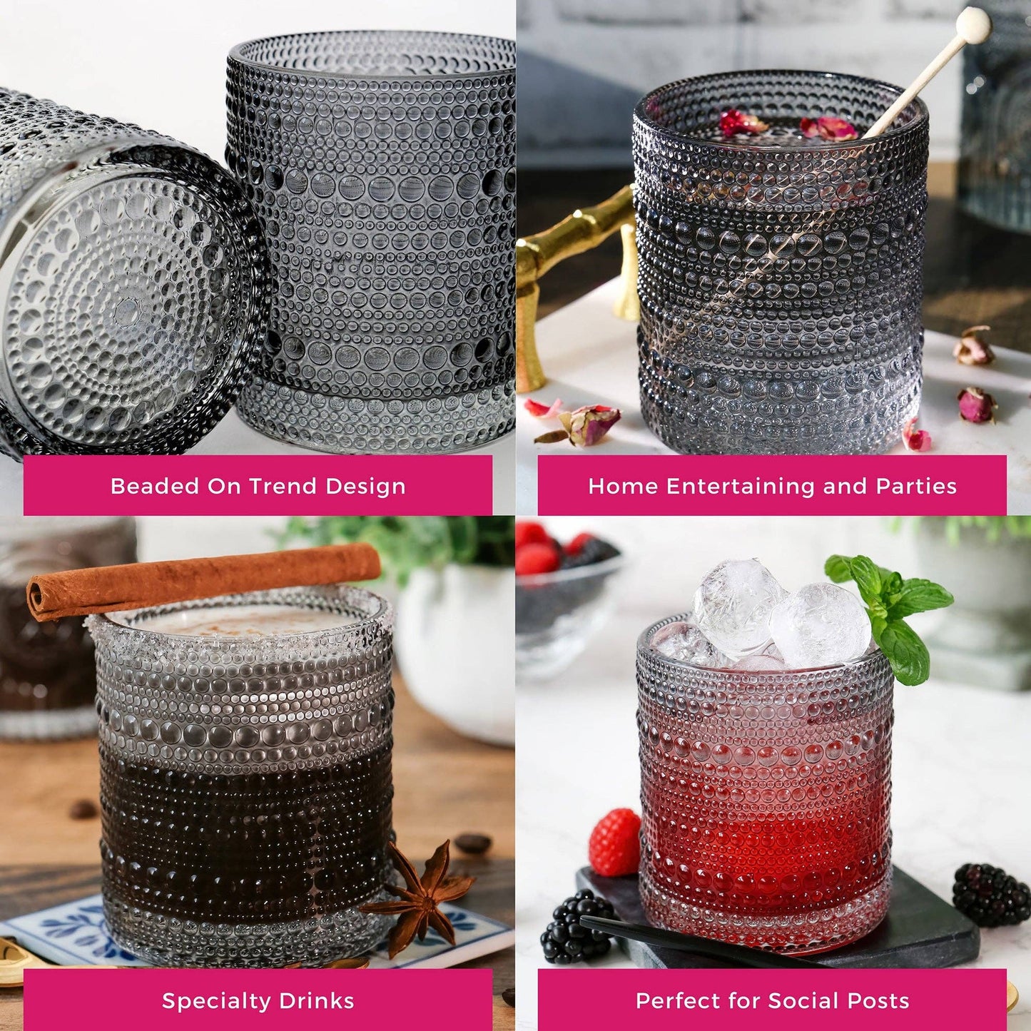 10 oz. Textured Beaded Smoke Grey Old Fashion Drinking Glasses