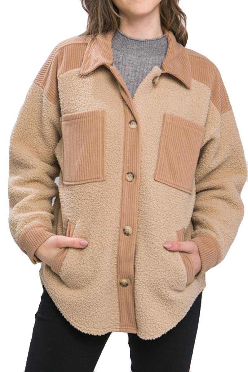 Sherpa Button Up Fleece Shacket - Camel
