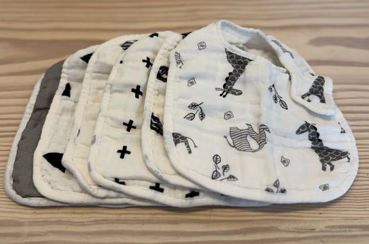 Soft Cotton Gauze Bibs - Black + White