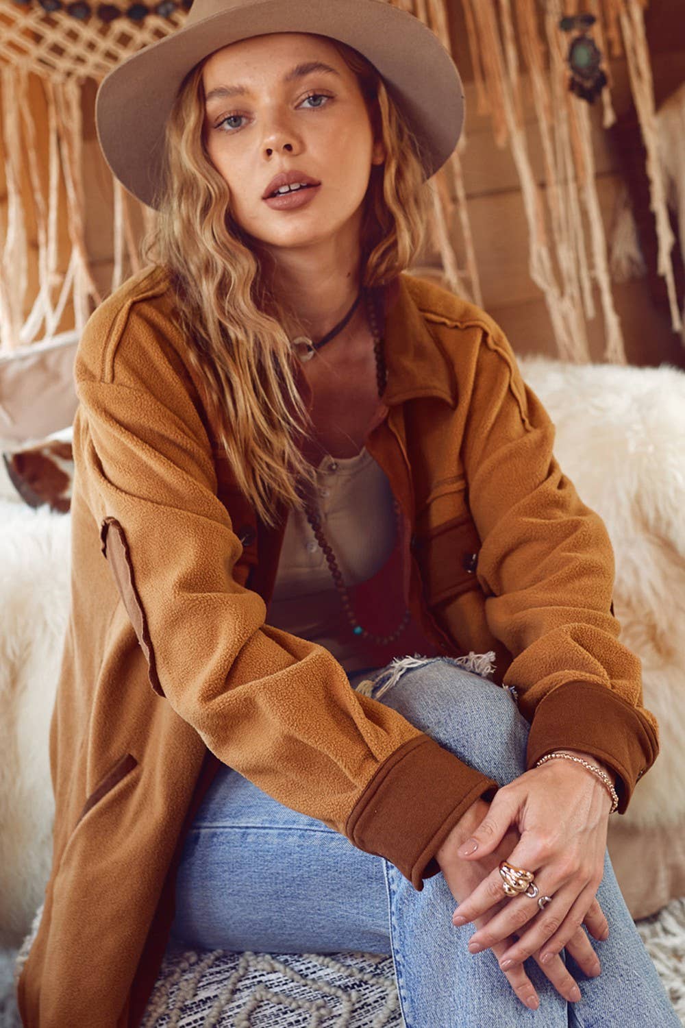 Long Sleeve Fleece Shacket - Camel