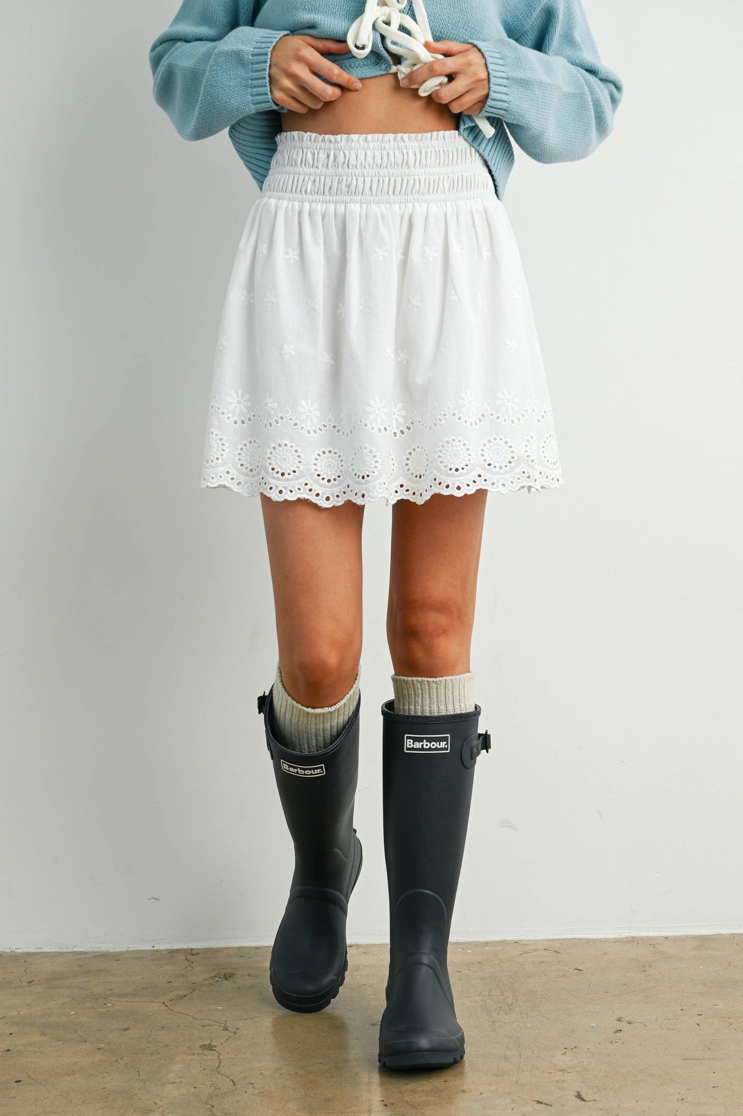 Eyelet Ruffle Smocked Skirt