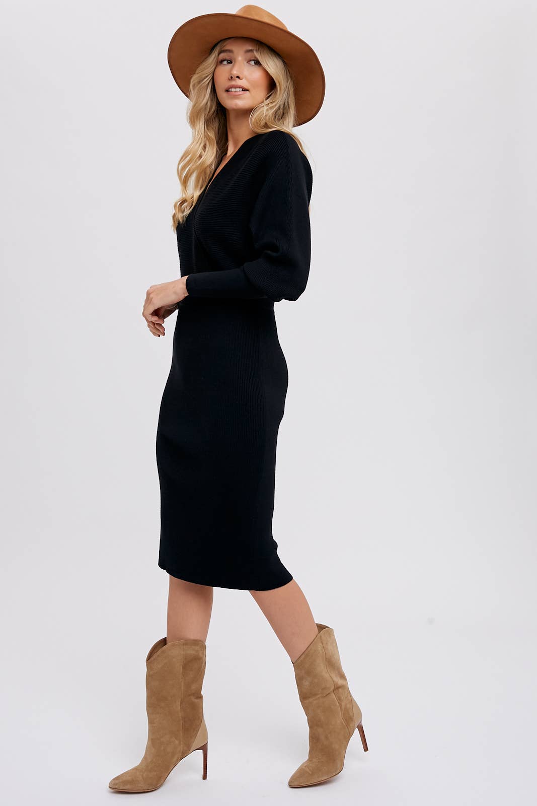Faux Wrap Sweater Midi Dress - Black