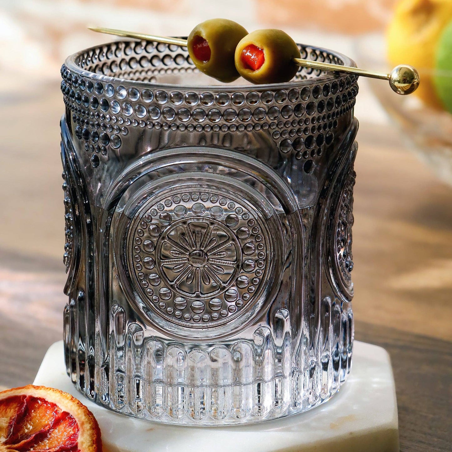 10 oz. Ribbed Retro Arch Floral Smoke Grey Drinking Glasses