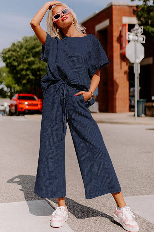 Textured Loose Fit Shirt and Drawstring Pants Set - Black