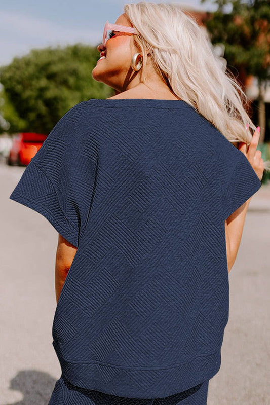 Textured Loose Fit Shirt and Drawstring Pants Set - Navy