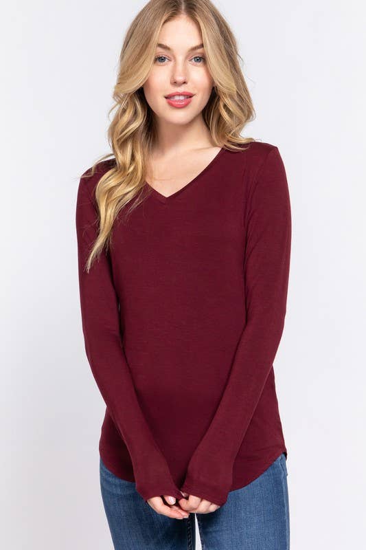 Long Sleeve V-neck Jersey Top - Burgundy