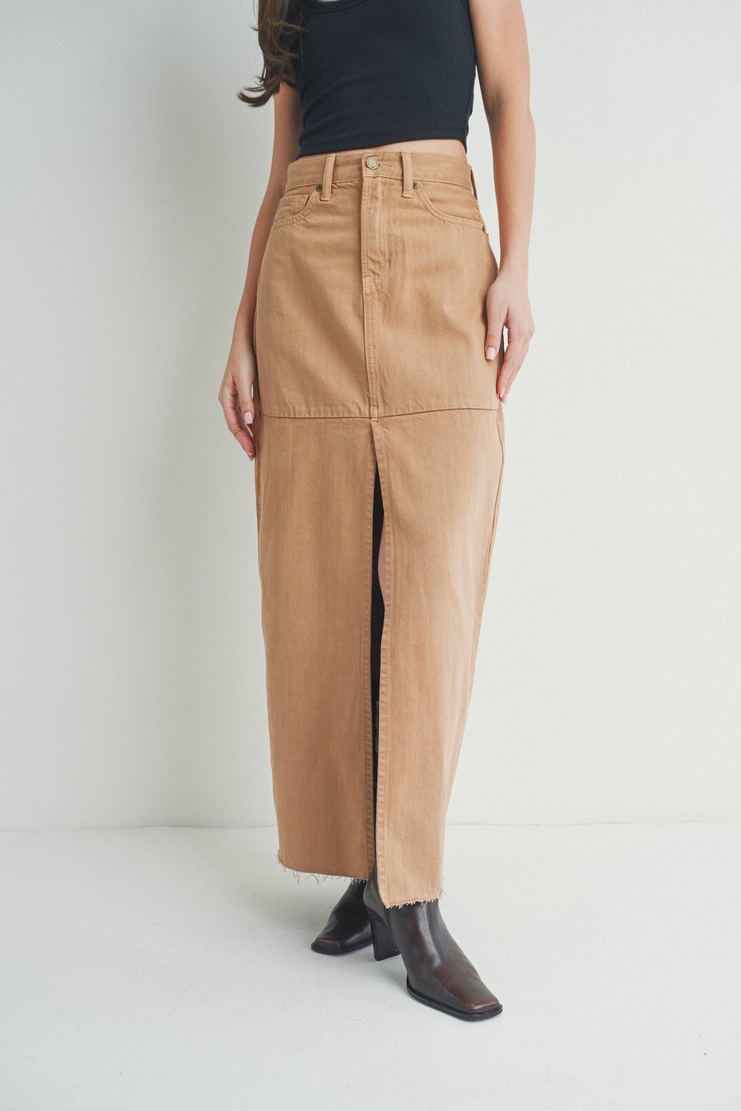 Maxi Denim Skirt w/Open Slit -Khaki