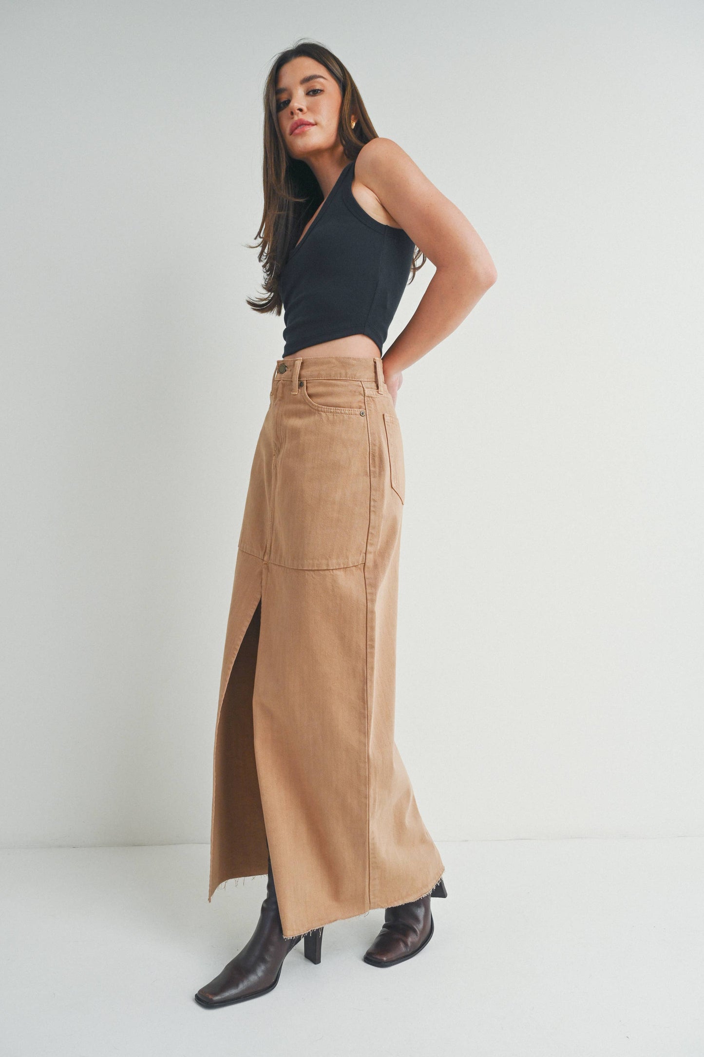 Maxi Denim Skirt w/Open Slit -Khaki