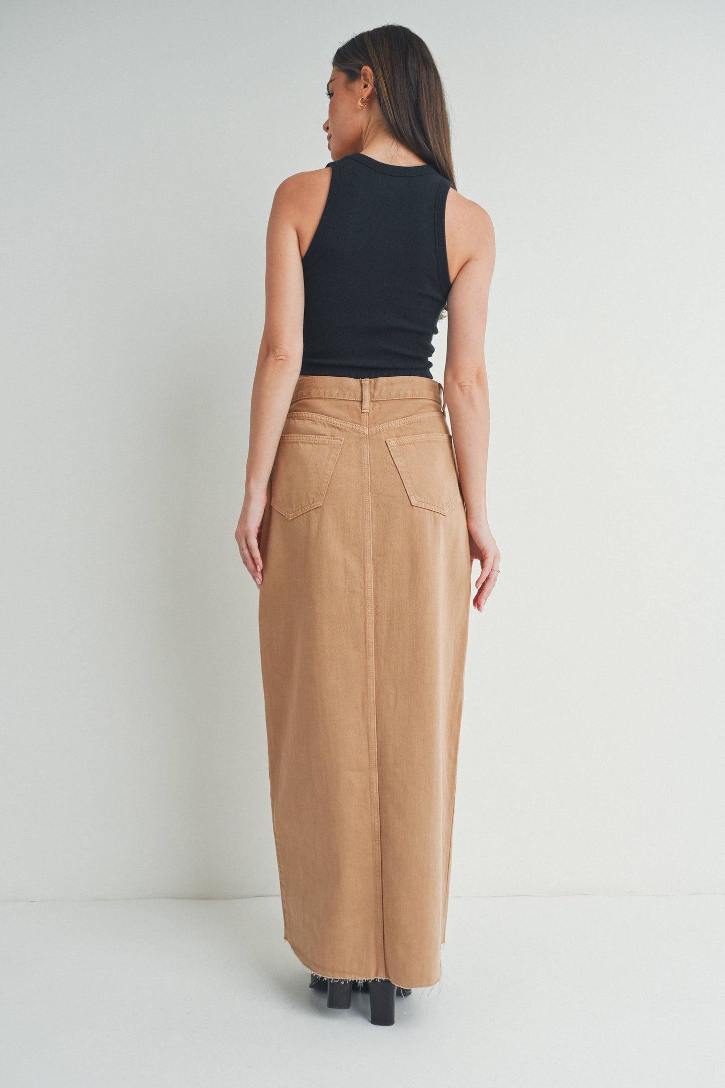 Maxi Denim Skirt w/Open Slit -Khaki