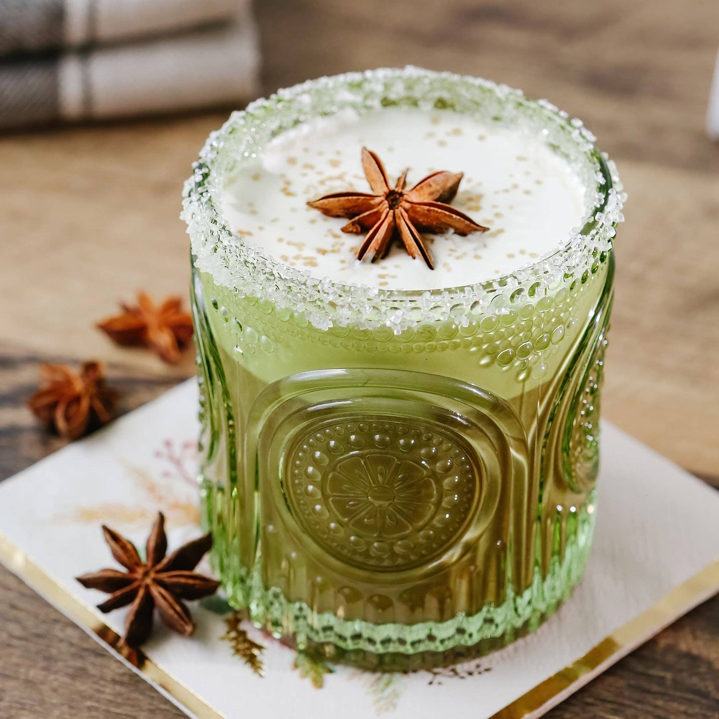 10 oz. Ribbed Retro Arch Floral Green Drinking Glasses