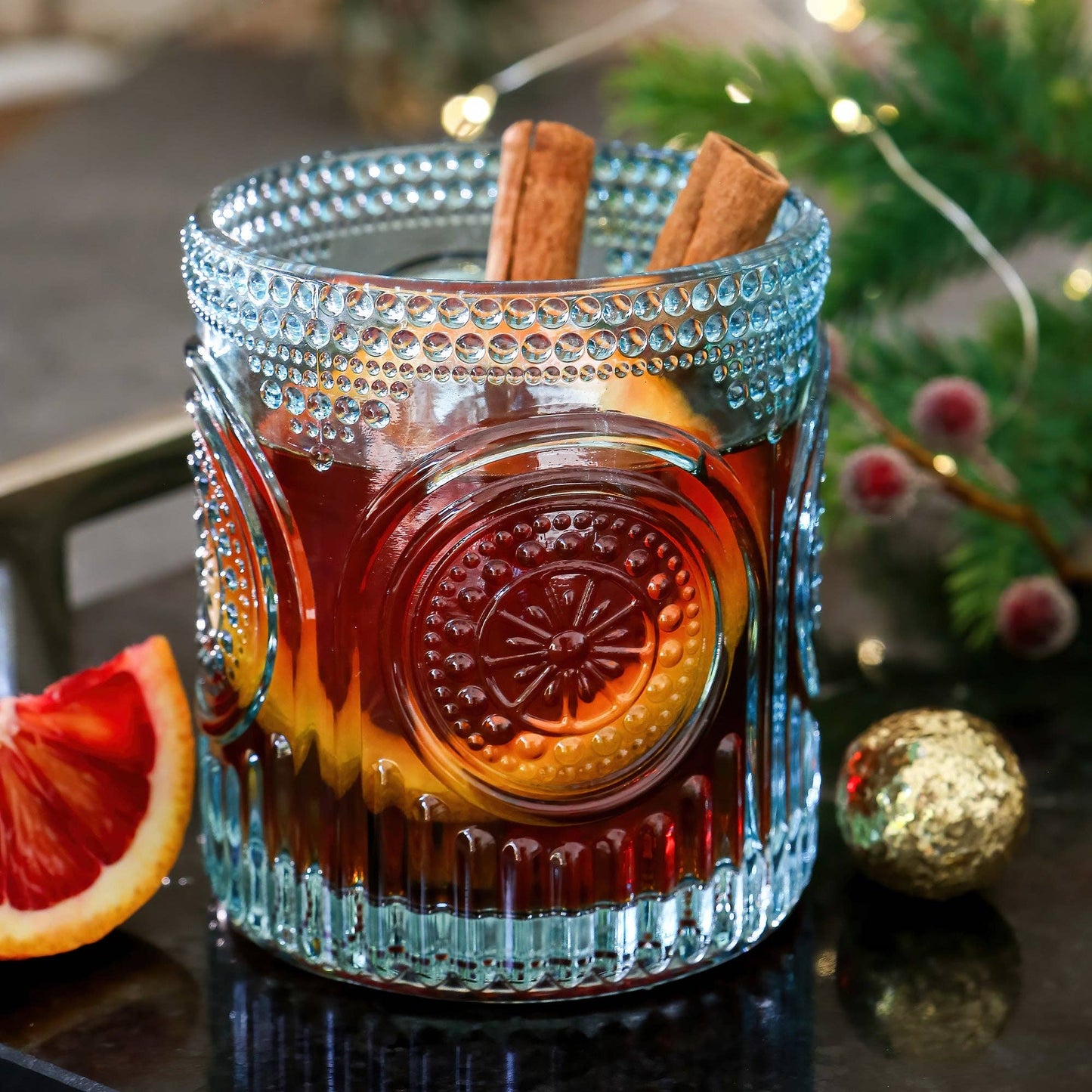 10 oz. Ribbed Retro Arch Floral Aqua Blue Drinking Glasses